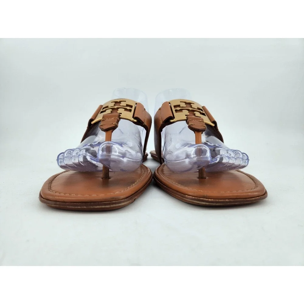 Tory Burch Georgia Sandals Womens 9.5 Tan Brown Gold Logo‎ Thong Flat 84937